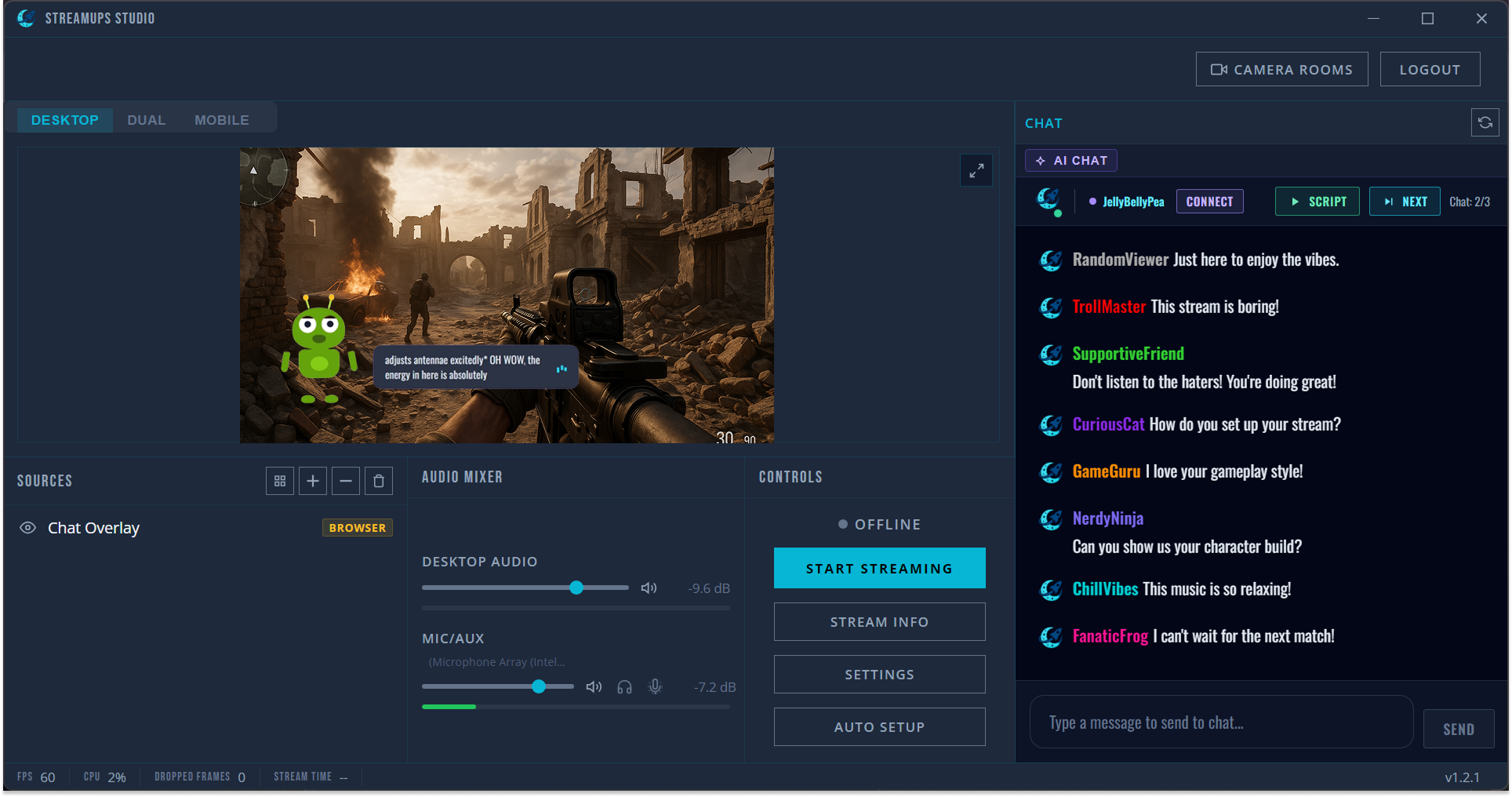 StreamUps Studio with AI chat overlay active, showing AI character reacting to chat messages and AI companion typing in chat