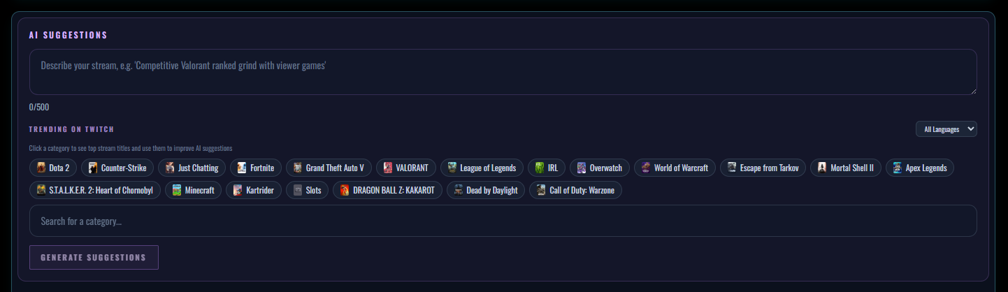 AI-generated stream title, description and hashtag suggestions displayed in the StreamUps Stream Info panel