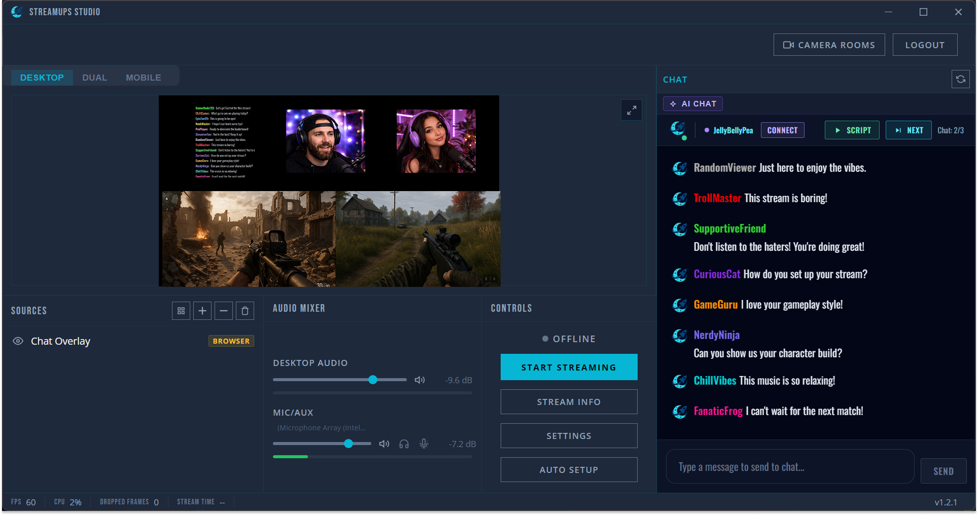 StreamUps co-streaming grid view showing multiple camera feeds, merged chat overlay, and all the gaming action in one layout