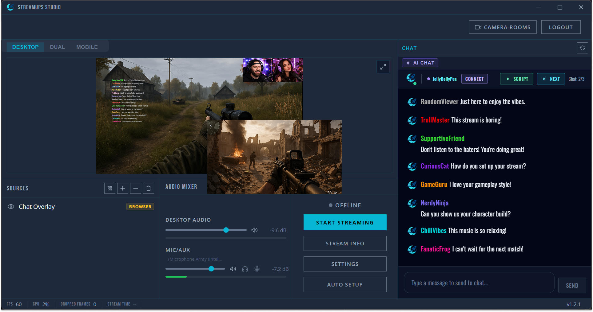StreamUps co-streaming POV switching interface showing seamless camera switching between co-hosts