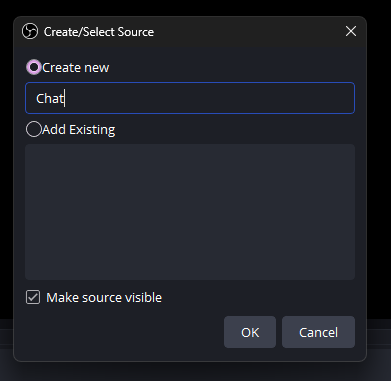 OBS create source dialog with the browser source named Chat