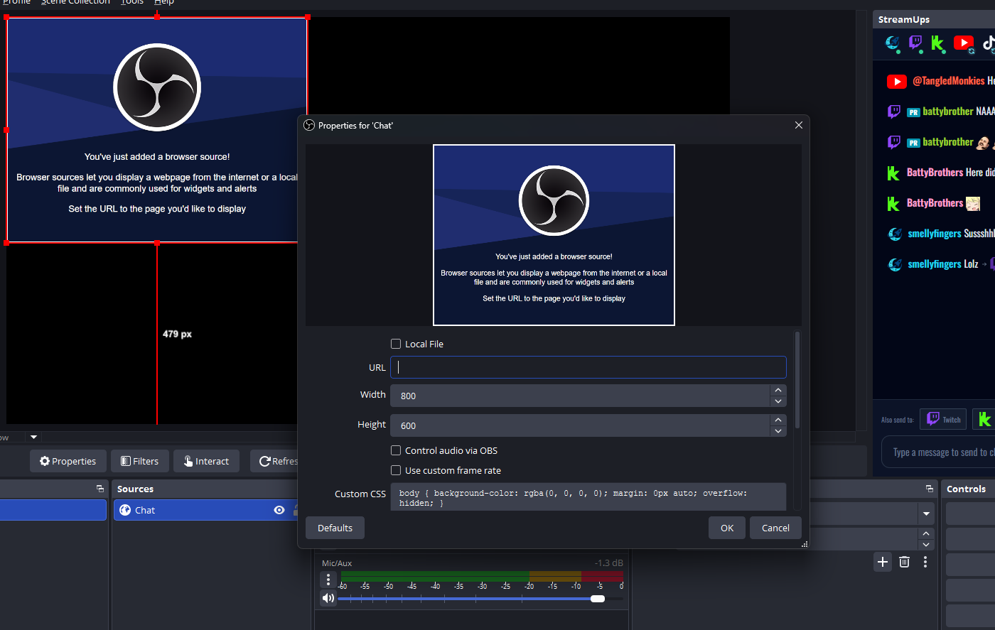 OBS browser source properties with the StreamUps overlay URL pasted into the URL field