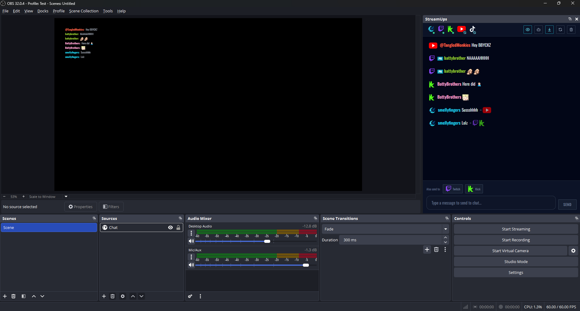 OBS with the StreamUps merged chat admin panel docked and the chat overlay on the stream preview