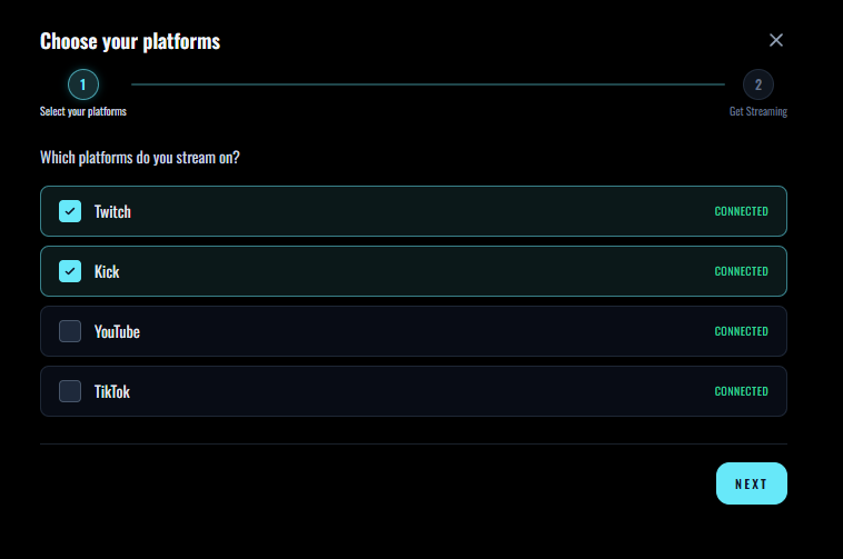 StreamUps setup window with Twitch, YouTube, Kick and TikTok integrations available to select