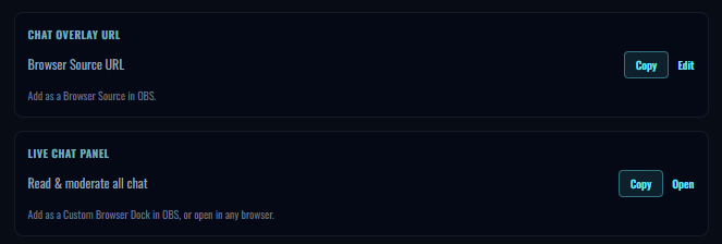 StreamUps screen showing copy buttons for the merged chat admin panel URL and the custom overlay URL