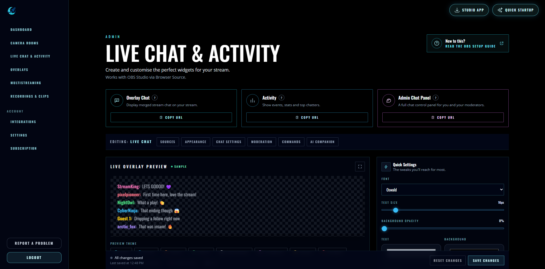 StreamUps portal page for amending your chat setup — integrations, scripted chats, overlay customisation, moderation, AI and collab chat