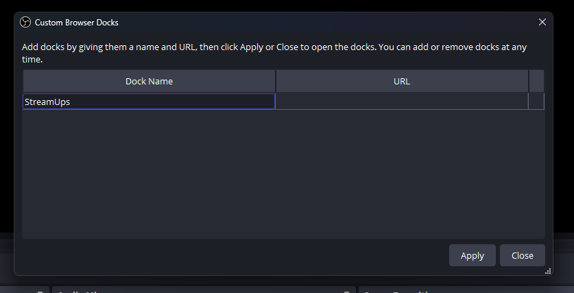 OBS Custom Browser Docks popup with a dock name and the StreamUps admin panel URL filled in