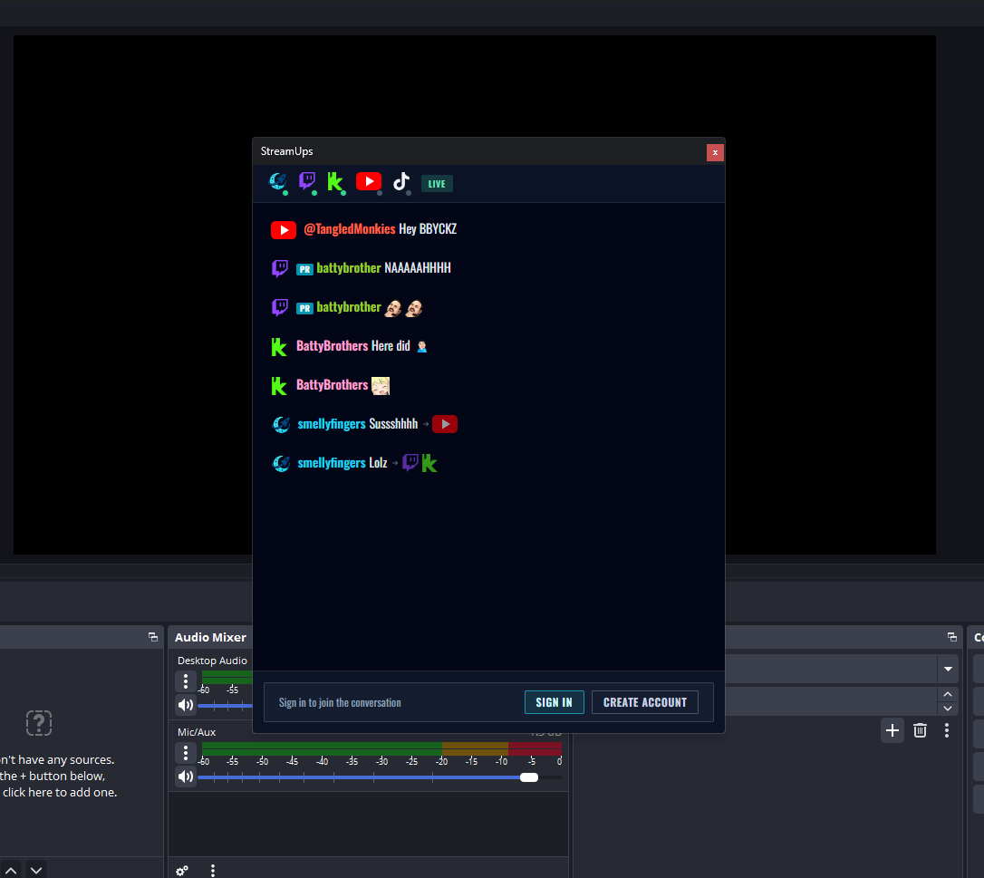The StreamUps admin chat panel shown in a popped-out OBS dock window