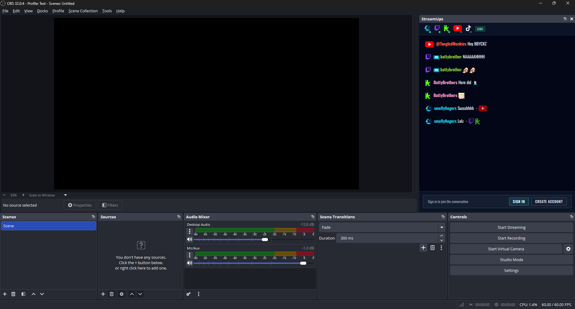 The StreamUps admin panel docked into the side of the OBS layout with the sign-in screen showing