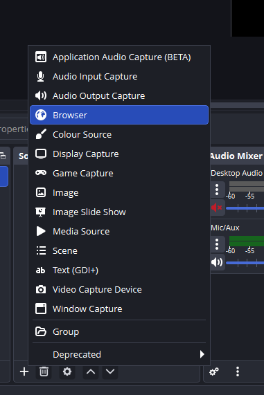 OBS add source menu with the Browser source option highlighted