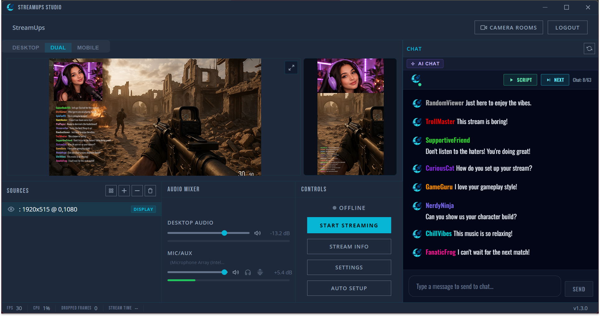 StreamUps Studio dual-output scene pushing the same stream to landscape desktop viewers and vertical mobile viewers side by side