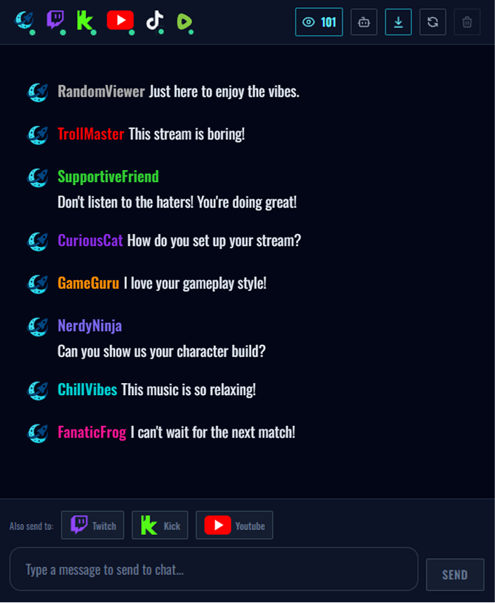 The StreamUps admin dock docked inside OBS showing Rumble chat in the merged feed for reading and moderation