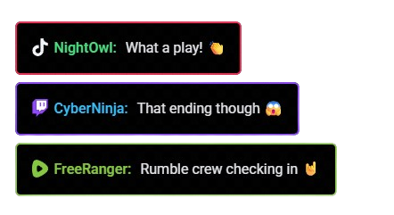 The StreamUps merged chat overlay showing a Rumble message and a TikTok message side by side, each carrying its platform badge