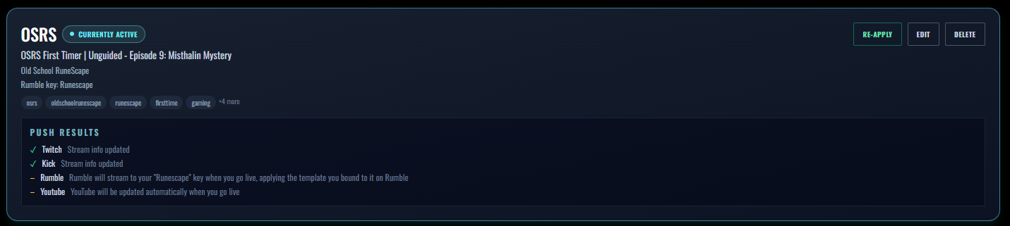 The StreamUps Stream Info panel confirming that a preset has been applied to its connected destinations