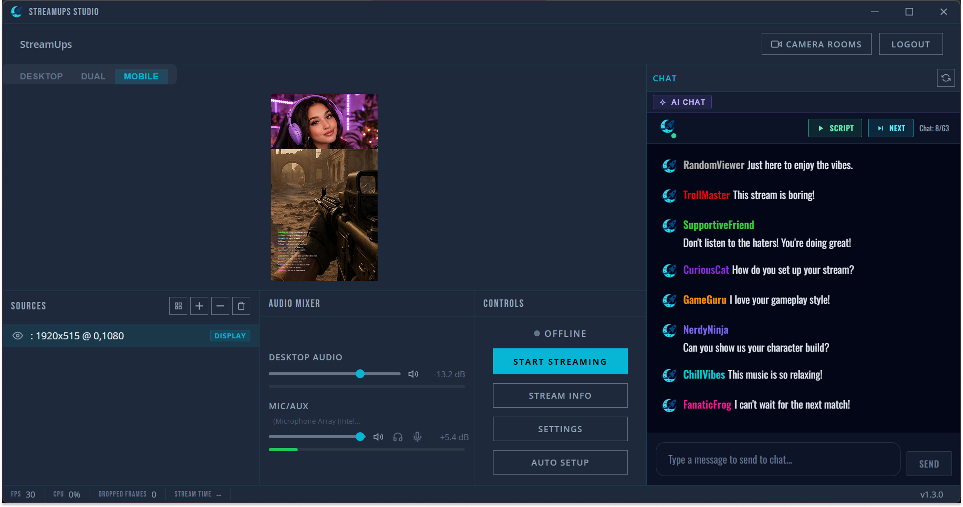 StreamUps Studio desktop app showing a dedicated vertical scene builder with overlays, chat and alerts for mobile-only streamers pushing to TikTok, Shorts and Reels