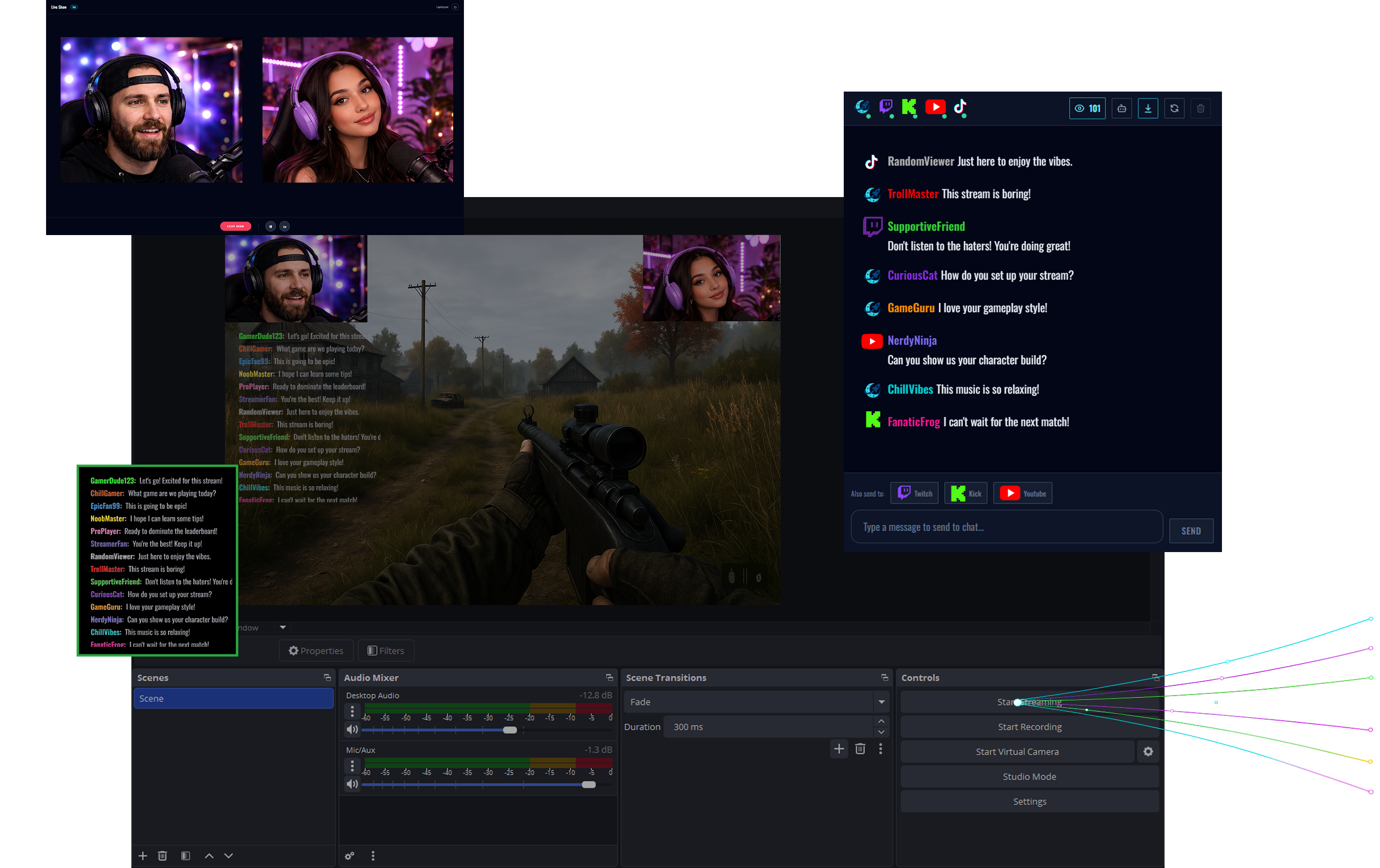 StreamUps merged chat panel, chat overlay, dual co-stream cameras and multistreaming set up inside OBS