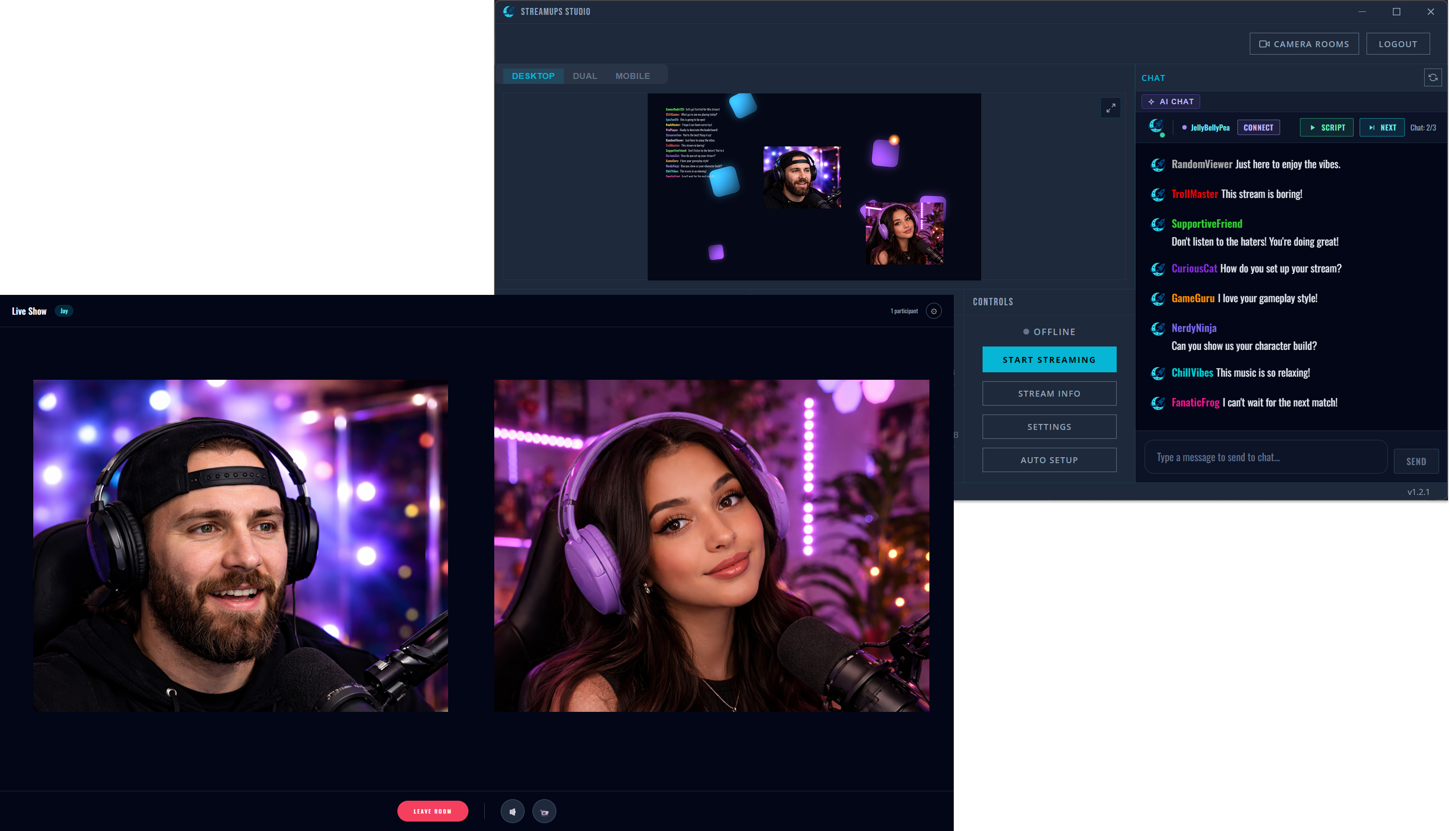 StreamUps podcast studio layout with multiple speaker webcam feeds, audio visualizers, and guest name plates