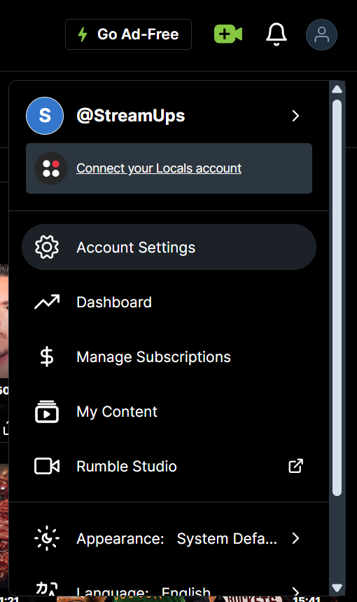 The Rumble homepage with the Account Settings link in the top right corner