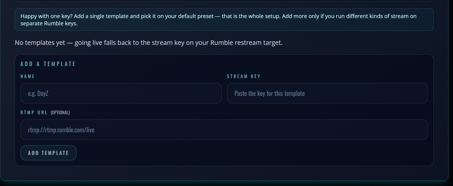 The empty Rumble stream key field on the StreamUps Rumble integration page