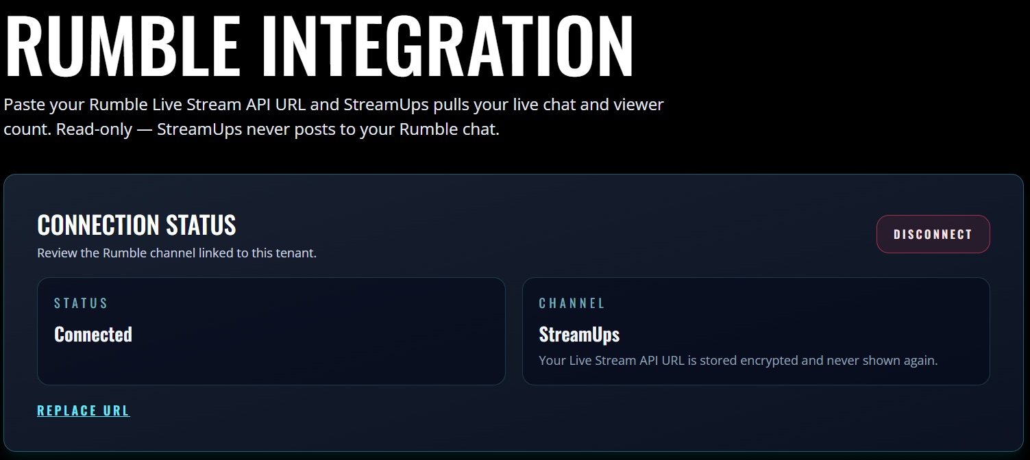 The StreamUps Rumble integration page confirming the connected Rumble channel name after the API URL is saved