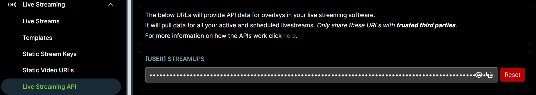The generated Rumble Live Streaming API URL ready to be copied