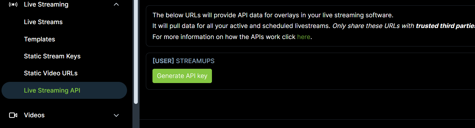 Rumble's Live Streaming API page with the button to create a new API URL
