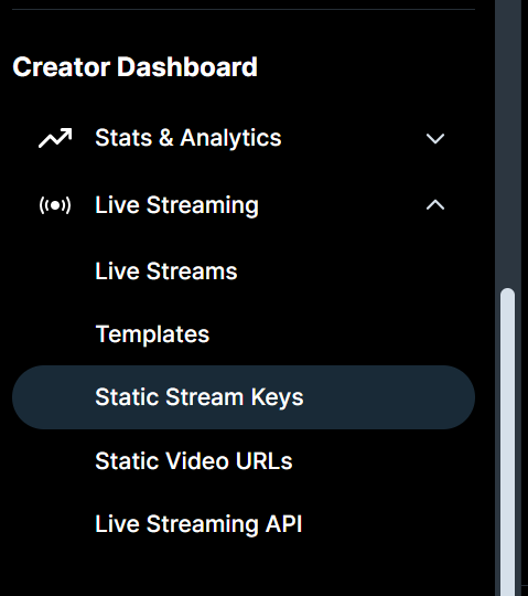 The Live Streaming dropdown menu inside Rumble Account Settings