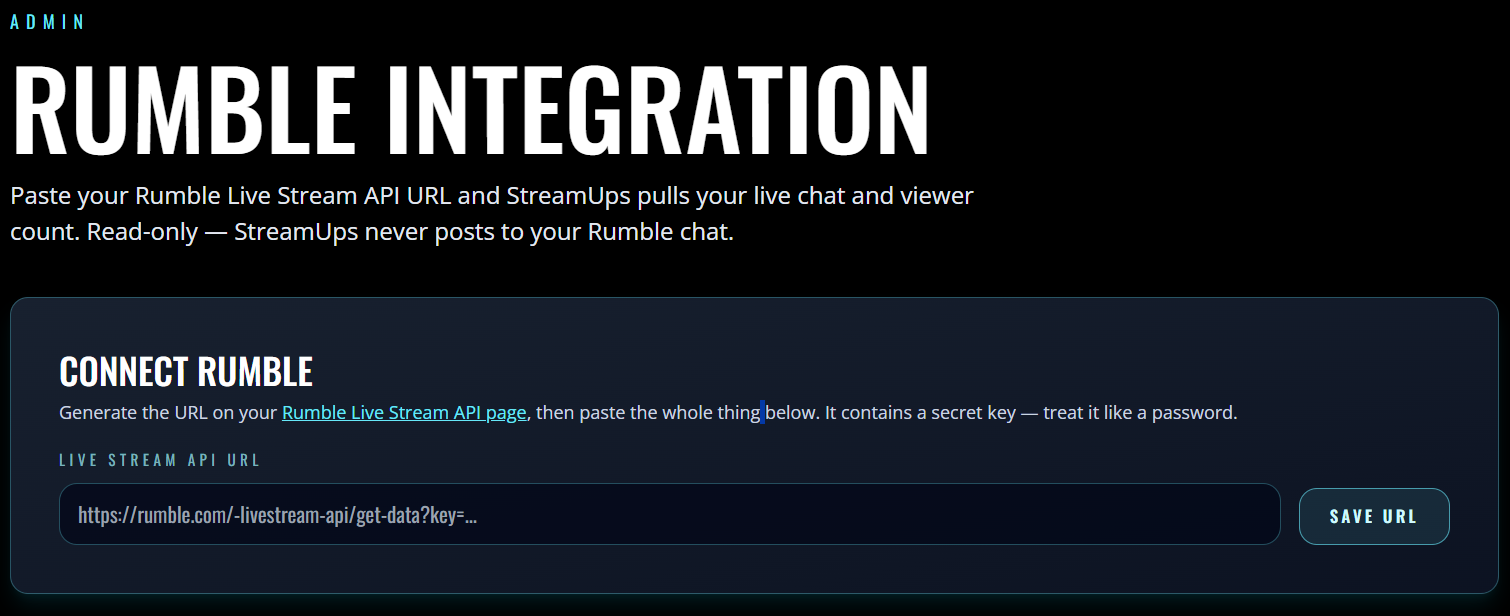 The Rumble API URL pasted into the StreamUps Rumble integration page before saving