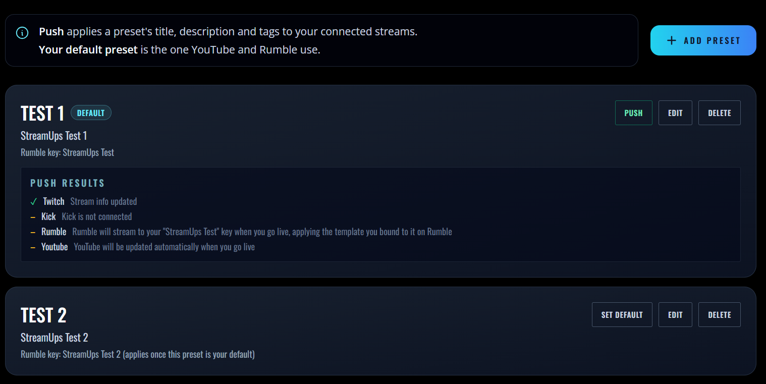 A saved Stream Info preset listing every destination with the Apply button ready to push the settings