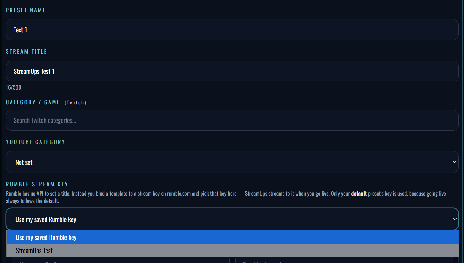 A Stream Info preset with separate title and category fields for Kick, Twitch and YouTube alongside the Rumble stream key selector
