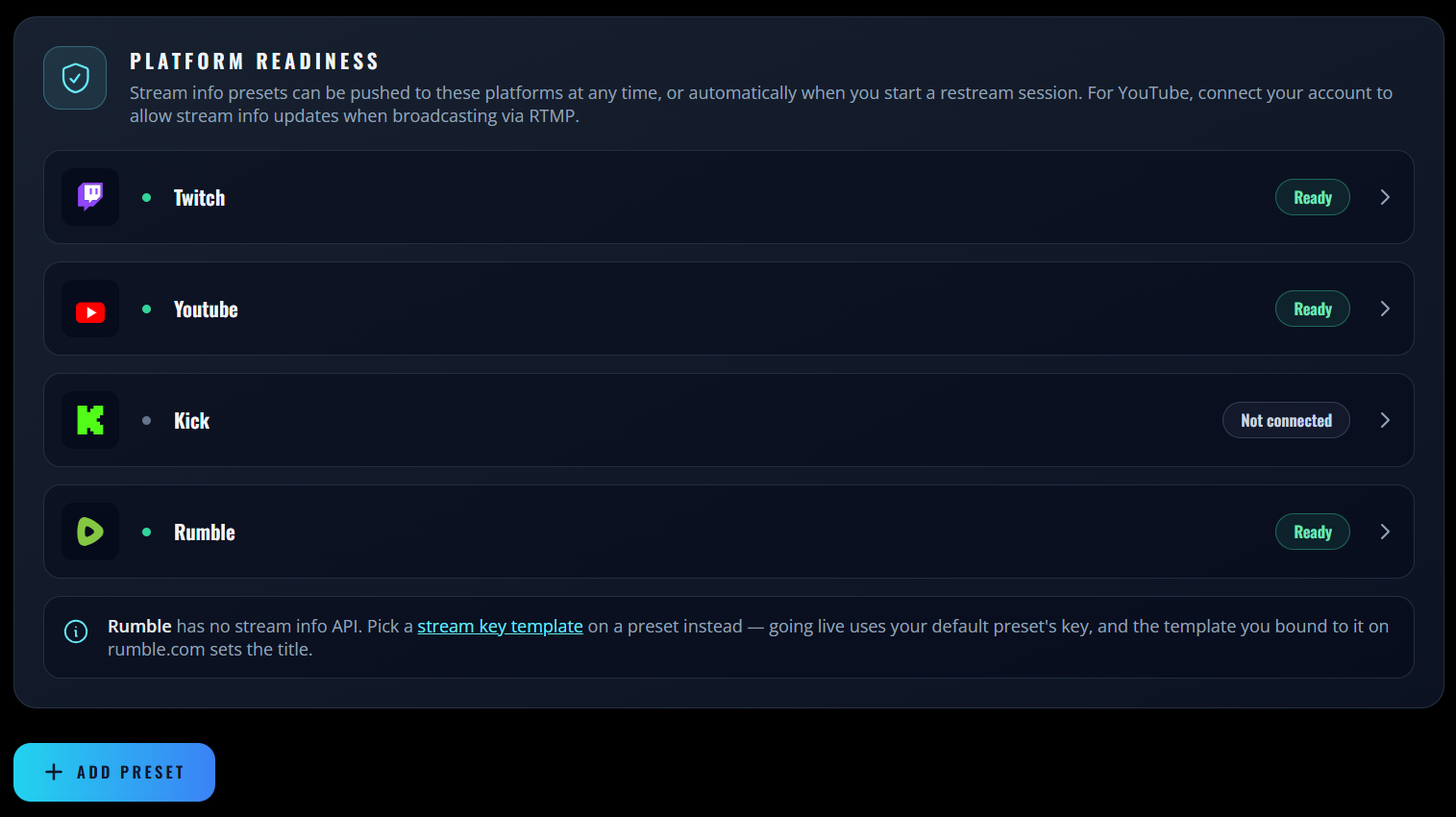 The StreamUps Stream Info page listing saved presets for different stream types