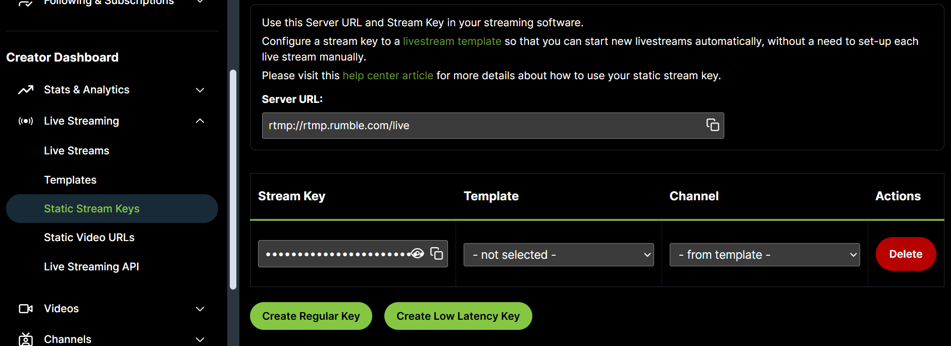 A newly created Rumble static stream key ready to be copied, with the template assignment control beside it