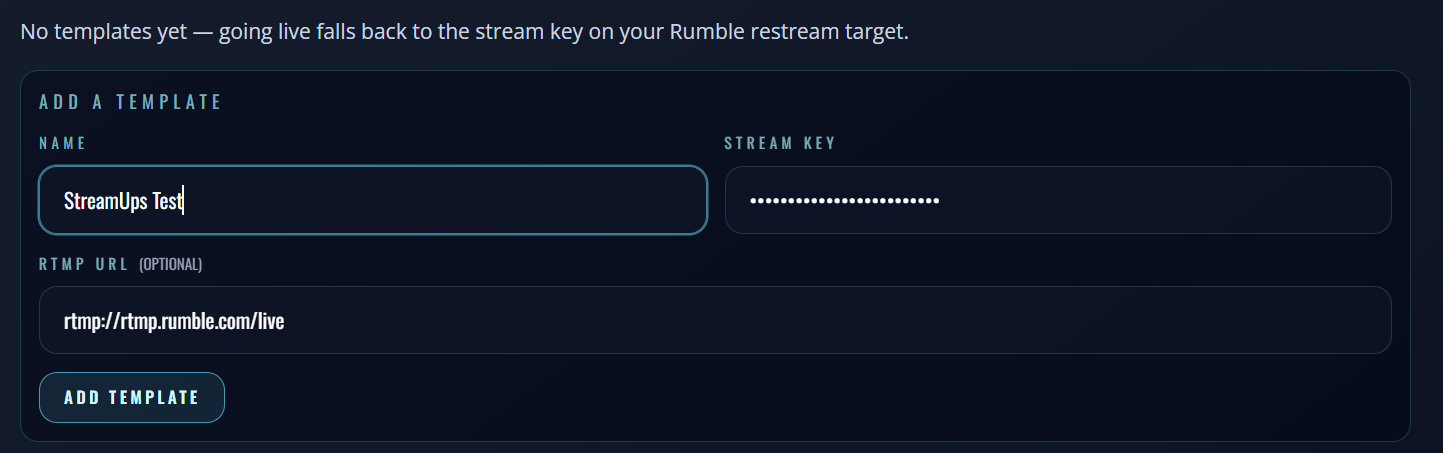 A Rumble static stream key pasted into the StreamUps Rumble integration page before saving