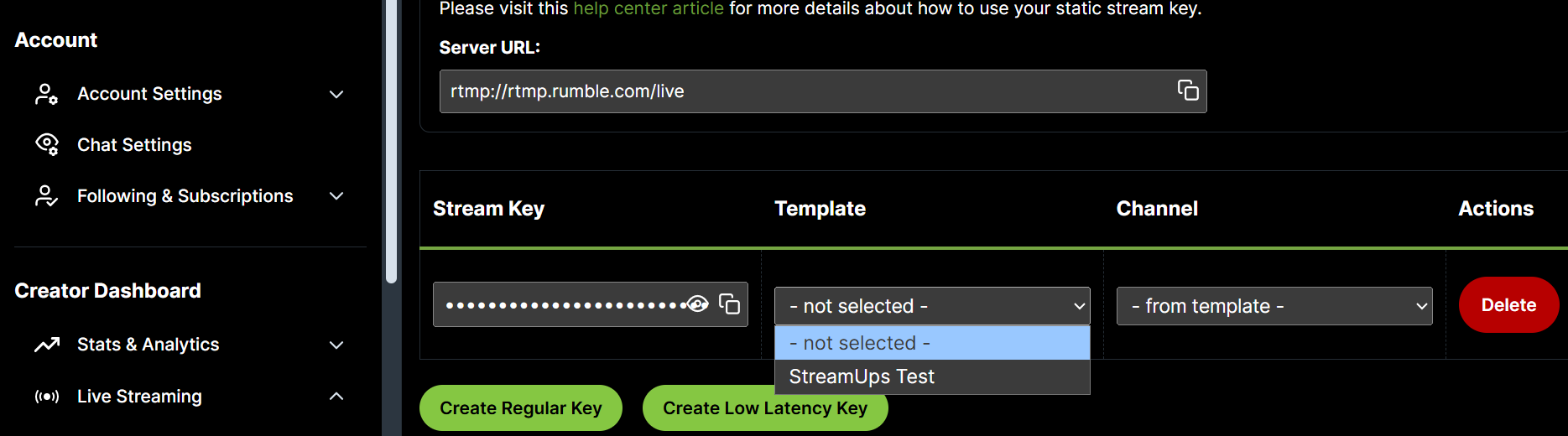 A Rumble static stream key with the dropdown beside it used to assign a template, showing how metadata is attached to the key