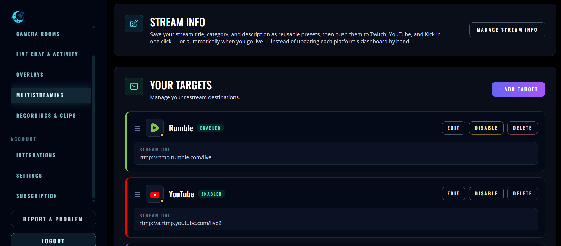 The StreamUps multistream targets page with Rumble listed automatically alongside the other broadcast destinations