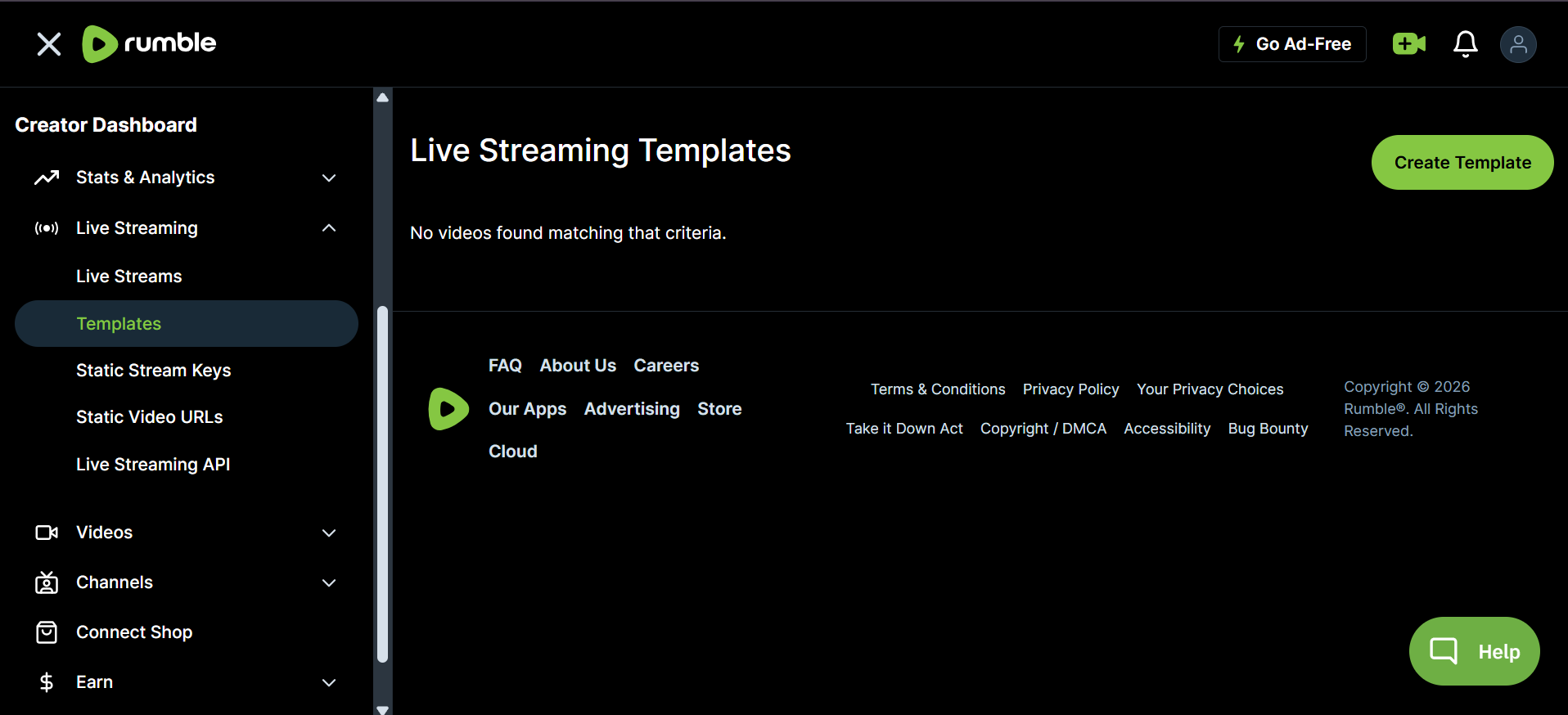 The Rumble account navigation with the live streaming templates section highlighted
