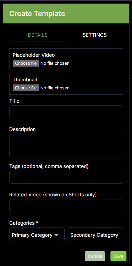 Rumble's live streaming template form showing the placeholder video, thumbnail, title, description, tags and category fields