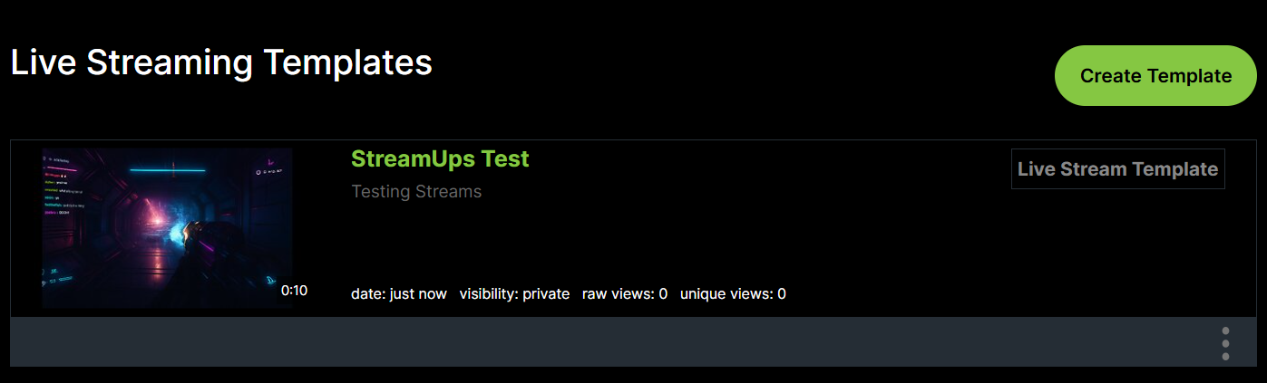 A saved Rumble live streaming template listed alongside the option to create more