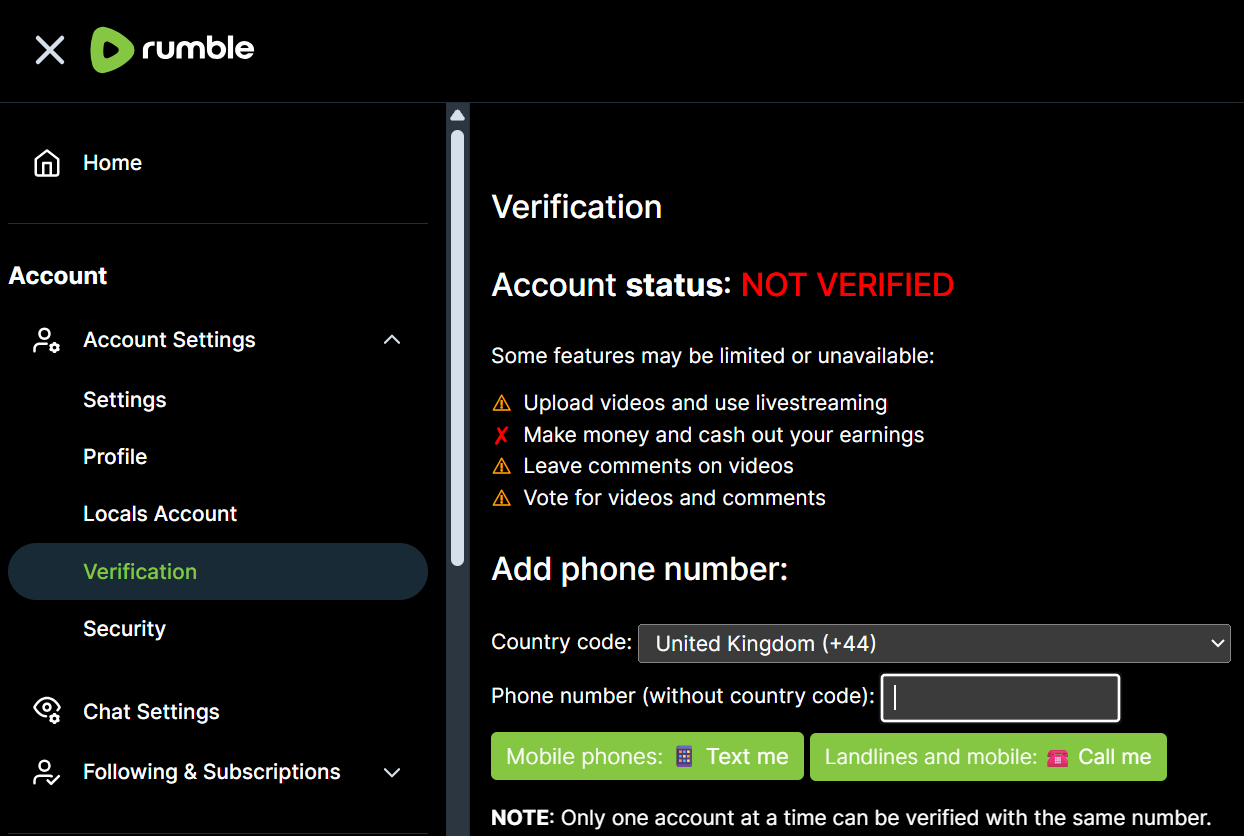 Rumble's phone number verification screen, which must be completed before live streaming tools become available