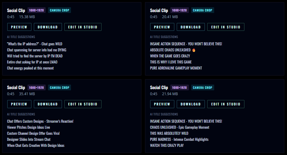AI suggested clips with titles from audio and chat analysis