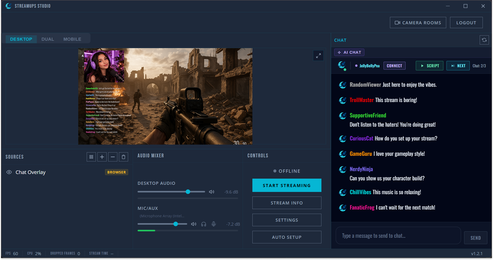StreamUps Studio interface showing game scene, webcam, chat panel, and audio mixer