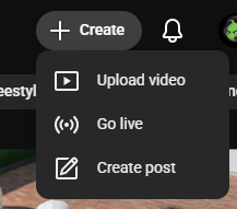 YouTube home page with the Create menu open showing the Go live option
