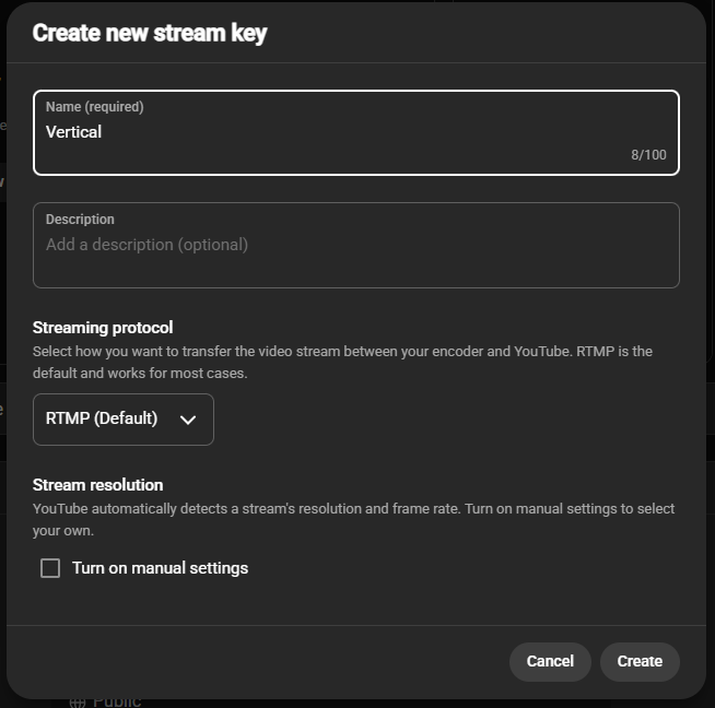 Dialog for adding and naming a new YouTube stream key