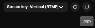 YouTube stream key dialog with copy button for the vertical key