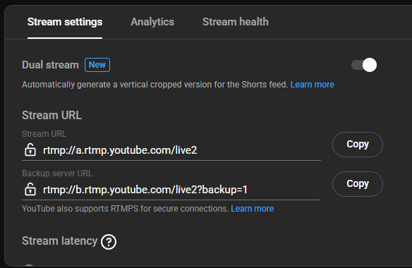 YouTube Live Control Room with Dual stream mode enabled and the Auto or Encoder option visible