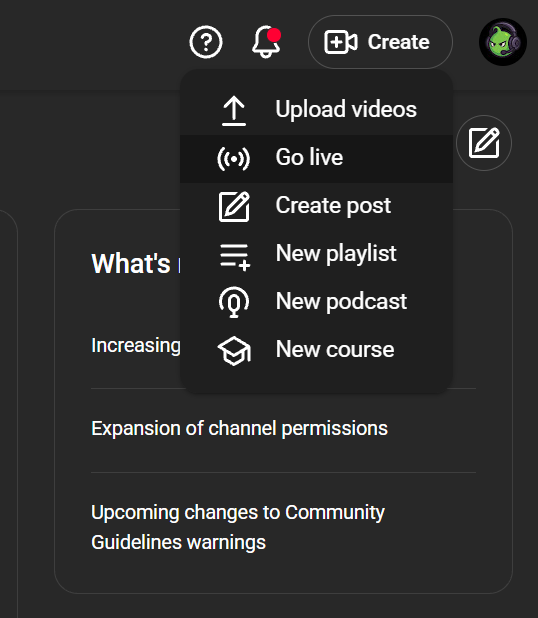 YouTube Studio dashboard with Go Live button highlighted