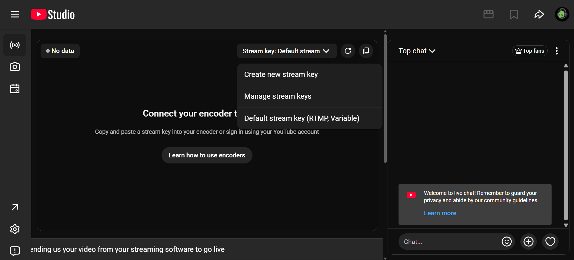 YouTube Live Control Room showing stream settings