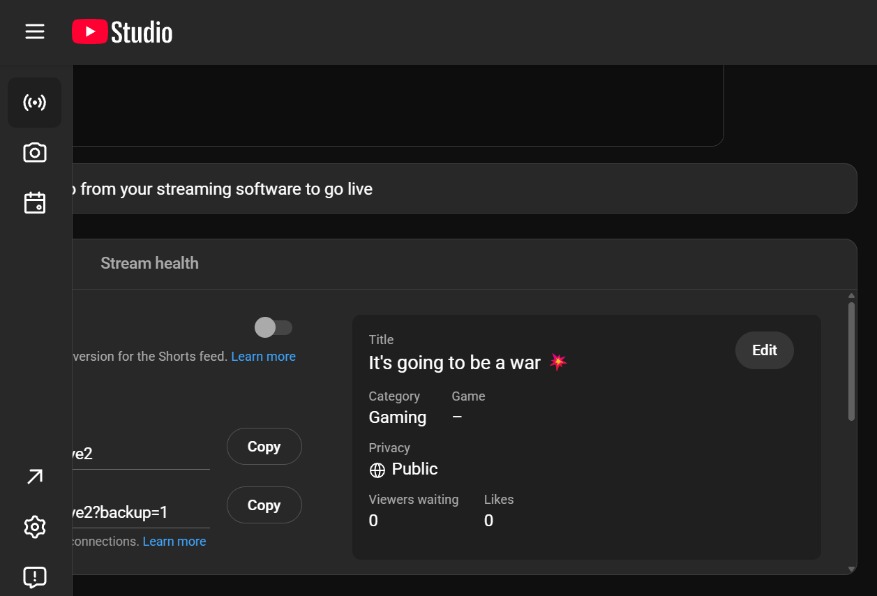 Stream setup configuration screen